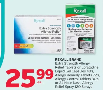 Rexall Rexall brand extra strength allergy relief tablets or loratadine liquid gel capsules, allergy remedy tablets, allergy control offer