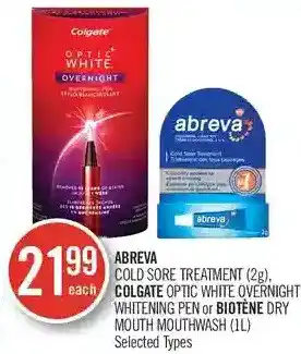 Shoppers Drug Mart Abreva cold sore treatment, colgate optic white overnight whitening pen or biotene dry mouth mouthwash offer