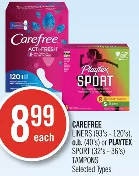 Shoppers Drug Mart Carefree liners, o.b. or playtex sport tampons offer
