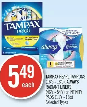 Shoppers Drug Mart Tampax pearl tampons, always radiant liners or infinity pads offer
