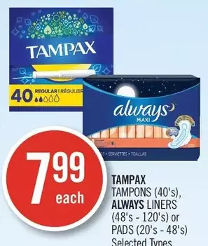 Shoppers Drug Mart Tampax tampons, always liners or pads offer
