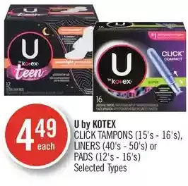Shoppers Drug Mart U by kotex click tampons, liners or pads offer