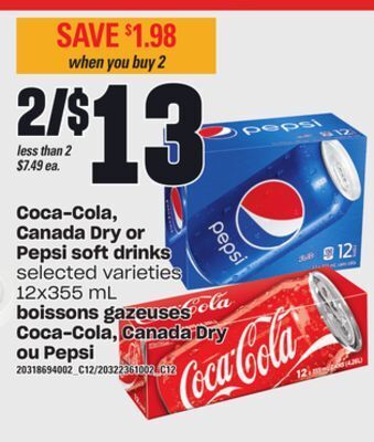 Independent City Market Boissons gazeuses coca-cola, canada dry ou pepsi, 12x355 ml offer