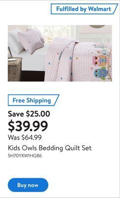 Walmart Kids owls bedding quilt set offer