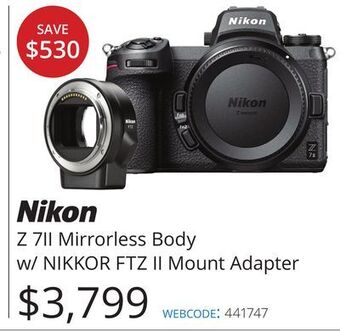 Vistek Nikon z 7ii mirrorless body w/ nikkor ftz ii mount adapter offer