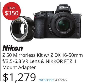 Vistek Nikon z 50 mirrorless kit w/ z dx 16-50mm f/3.5-6.3 vr lens & nikkor ftz ii mount adapter offer