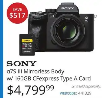 Vistek Sony α7s iii mirrorless body w/ 160gb cfexpress type a card offer