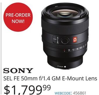 Vistek Sony sel fe 50mm f/1.4 gm e-mount lens offer