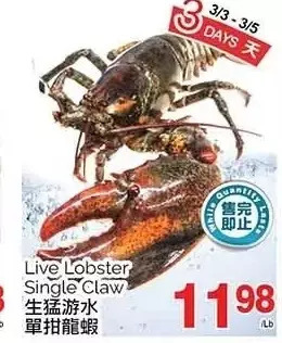 T&T Supermarket Live lobster single claw offer