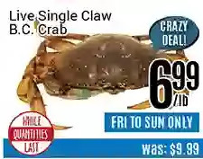 Nations Fresh Foods Live single claw b.c. crab offer