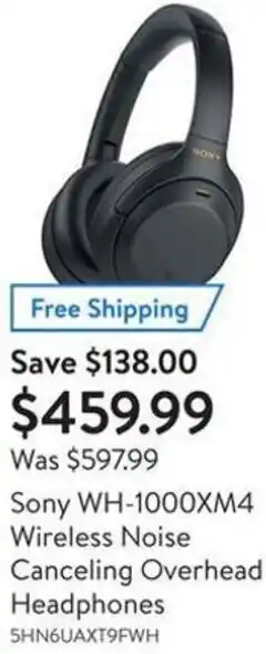 Walmart Sony WH-1000XM4 Wireless Noise Canceling Overhead Headphones offer