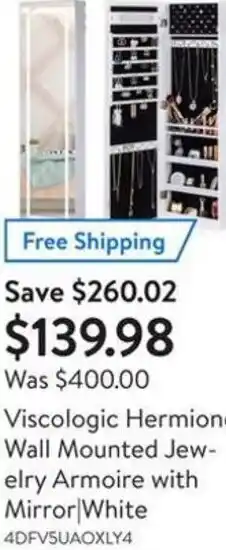Walmart Viscologic Hermion Wall Mounted Jewelry Armoire with Mirror offer