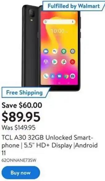 Walmart TCL A30 32GB Unlocked Smartphone | 5.5" HD+Display | android 11 offer