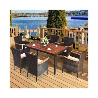 Best Buy Costway 7-piece modern classic rattan patio dining set w/ large acadia wood table & 6 stackable cushioned wicker chairs (7pcs offer