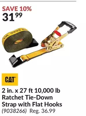 Princess Auto Cat 2 in. x 27 ft 10,000 lb ratchet tie-down strap with flat hooks offer