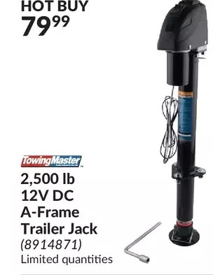 Princess Auto Towing master 2,500 lb 12v dc a-frame trailer jack offer