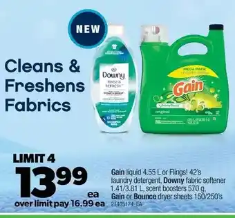 Real Canadian Superstore Gain liquid or fings, laundry detergent, downy fabric softener, scent boosters, gain or bounce dryer sheets offer