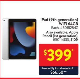 Walmart Ipad (9th generation) wifi 64gb offer