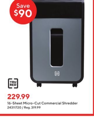 Staples Tru red 16-sheet micro-cut commercial shredder offer