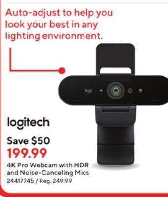 Staples Logitech 4k pro webcam with hdr and noise - canceling mics offer