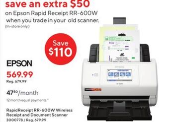Staples Epson rapidreceipt rr-600w wireless receipt and document scanner offer