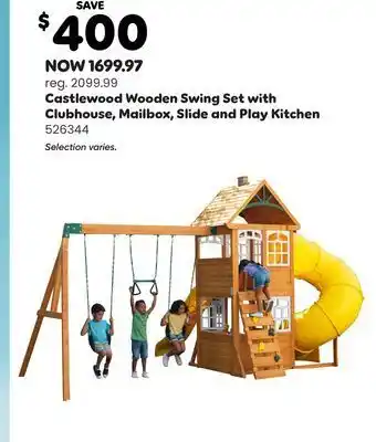 Toys R us Castlewood wooden swing set with clubhouse, mailbox, slide and play kitchen offer