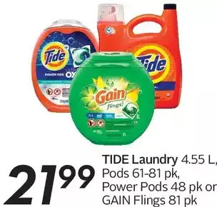 Sobeys Tide laundry, pods, power pods or gain flings offer