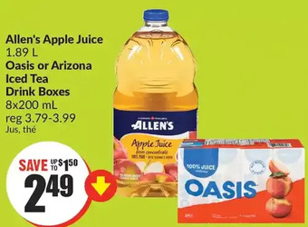 FreshCo Allen's apple juice oasis or arizona iced tea drink boxes offer