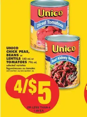 No Frills Unico chick peas, beans or lentils, 540 ml or tomatoes, 796 ml offer