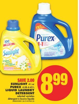 No Frills Sunlight, 4 l or purex, 4.08-4.43 l liquid laundry detergent offer