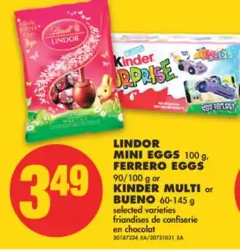 No Frills Lindor mini eggs, 100 g, ferrero eggs, 90/100 g or kinder multi bueno, 60-145 g offer