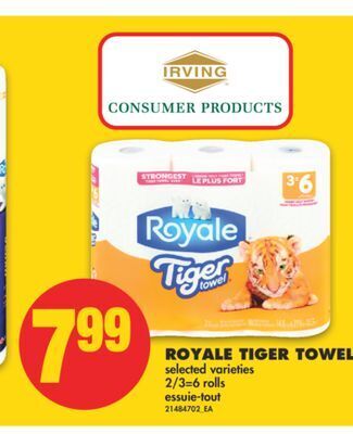 No Frills Royale tiger towel, 2/3=6 rolls offer