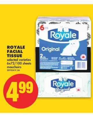 No Frills Royale facial tissue, 6x72/100 sheets offer