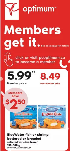 Loblaws Bluewater fish or shrimp, battered or breaded offer