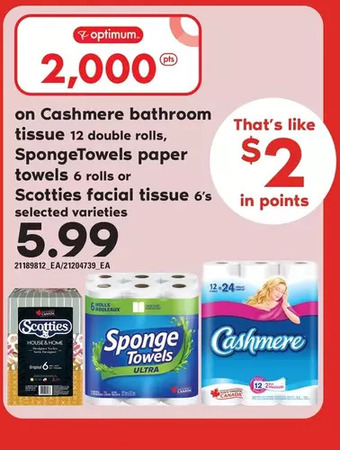 Loblaws Cashmere bathroom tissue, spongetowels paper towels or scotties facial tissue offer