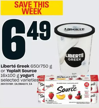 Loblaws Liberté greek or yoplait source yogurt offer