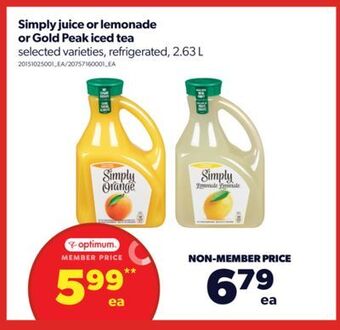 Real Canadian Superstore Simply juice or lemonade or gold peak iced tea, 2.63 l offer