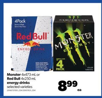 Real Canadian Superstore Monster, 4x473 ml or red bull, 4x250 ml energy drinks offer