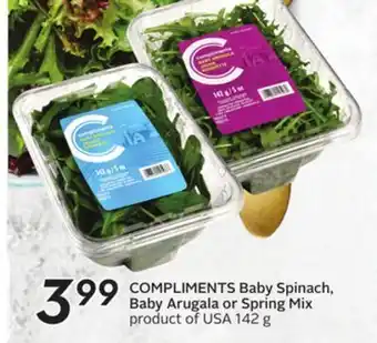 Sobeys Compliments baby spinach, baby arugala or spring mix offer
