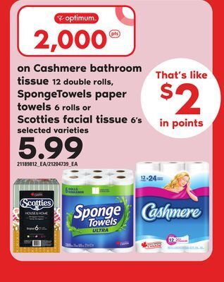 Loblaws Cashmere bathroom tissue, 12 double rolls, spongetowels paper towels, 6 rolls or scotties facial tissue, 6's offer