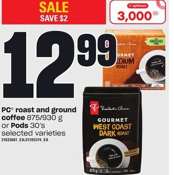 Loblaws Pc® roast and ground coffee, 875/930 g or pods, 30's offer