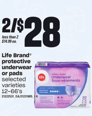 Loblaws Life brand® protective underwear or pads, 12-66's offer
