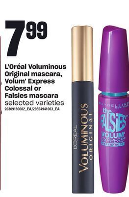 Loblaws L'oréal voluminous original mascara, volum' express colossal or falsies mascara offer