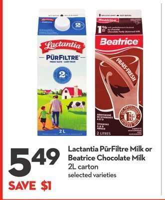 Longo's Lactantia pūrfiltre milk or beatrice chocolate milk offer