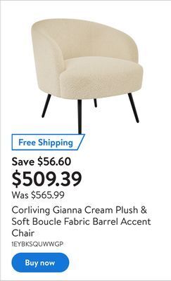 Walmart Corliving gianna cream plush & soft boucle fabric barrel accent chair offer