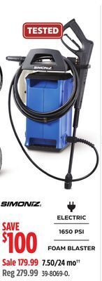Canadian Tire Simoniz 1650 psi 1.8 gpm corded cold water wheeled brushed electric pressure washer w/ foam blaster offer