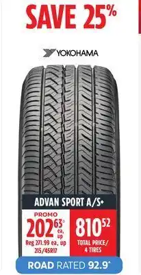 Canadian Tire Yokohama performance passenger & cuv advan sport a/s+ tire offer