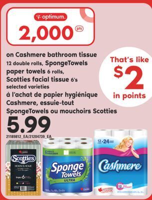 Valu-mart Papier hygiénique cashmere, essuie-tout spongetowels ou mouchoirs scotties offer