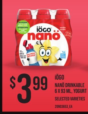 Zehrs Markets Iögo nanö drinkable, 6 x 93 ml yogurt offer