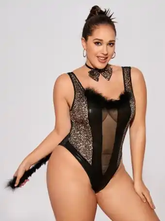 SheIn Plus leopard fuzzy trim mesh insert costume teddy bodysuit & choker offer